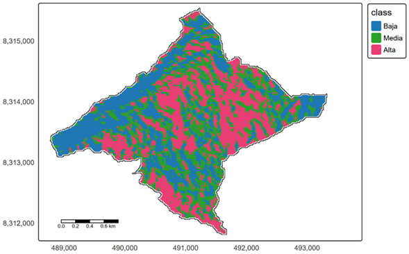 Mapa de aptitud para captación de niebla en Charazani con zonas de potencial para atrapanieblas.